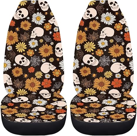 Halloween Gothic Skull Car Accessories Car Seat Covers Front Seats Only Hippie Daisy Retro Auto Seat Protectors Universal Fit Truck SUV Van Spider Web Bucket Car Cushion Covers Set - sugar skull car seat covers set