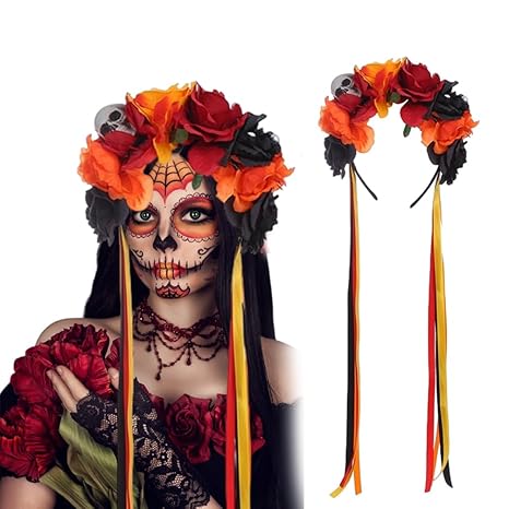 Floral Day of the Dead Headband Mexican Skull Rose Flower Crown Headpiece for Women Girls Halloween Costume (Orange Black Red) - sugar skull flower crown