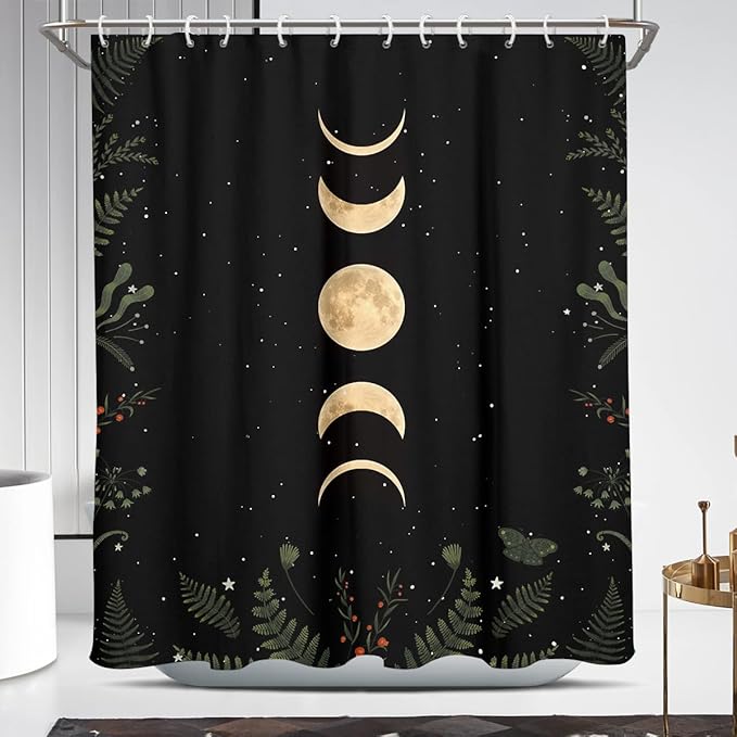 Coxila Moon Shower Curtain Gothic Goth Celestial Witchy Spooky Dark Black Galaxy Star Space Whimsigoth Whimsical Hippie Trippy Cool Cute Moody Fun Bathroom 60 x 72 Inch Polyester Fabric 12 Pack Hooks - sugar skull shower curtain set