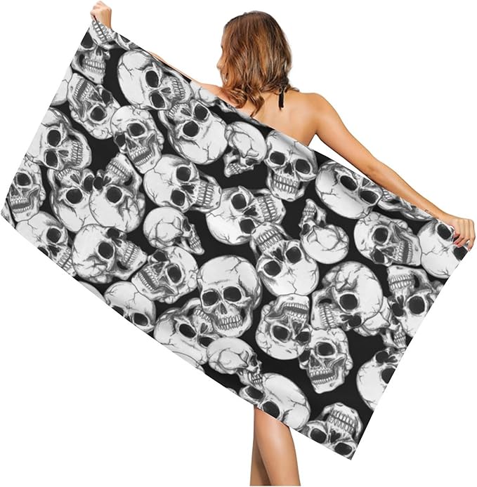 Skull Halloween Beach Towel, Skeleton Quick Dry Super Absorbent Microfiber Bath Towels, Large Towels for Swimming Bathroom Spa Pool 60x30 in - sugar skull beach towel