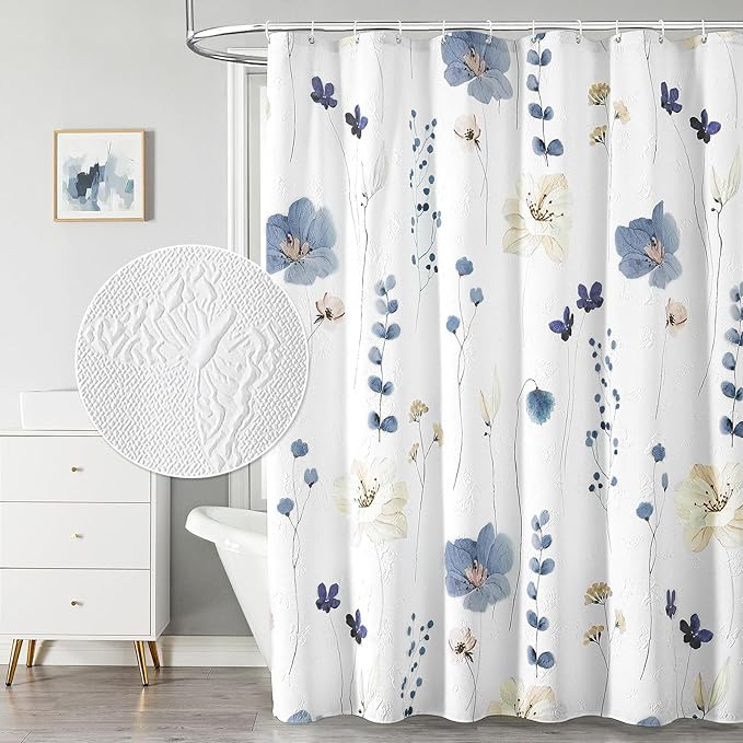 QiyI Watercolor Floral Shower Curtain, 3D Embossed Butterflies Grey Beige Flower Bathroom Curtains, Minimalist White Cloth Bath Curtain, Waterproof Fabric Textured Shower Curtain Set with Hooks, 72x72 - sugar skull shower curtain set