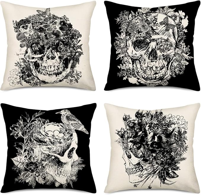 Set of 4 Halloween Decorative Pillow Cover Vintage Floral Skull Gothic Crow Throw Pillow Case Cotton Linen White Black Style Day of The Dead Home Decor Cushion Cover 18x18 Inch - sugar skull throw pillow