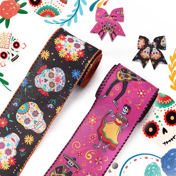 Hying Mexican Days of The Dead Ribbons - Wired Edge, Burlap, Purple & Black, Skull & Skeleton Pattern, 2 Rolls for Wreath Bows, Gift Wrapping & Dia De Los Muertos Decor - sugar skull wreath for front door