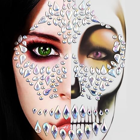 Skull Gems Tattoo Sticker Day Of The Dead & Halloween White Glitter Temporary Rhinestone Stickers, Skeleton Face Jewel Stick on Face Gems Stick on for dia de los muertos Makeup Supplies 1 Pack - sugar skull temporary tattoo
