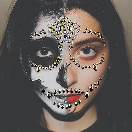 Halloween Sugar Skull Face Gems Jewels Skull Temporary Rhinestone Face Tattoo Day Of The Dead Face Decal Tattoo Stickers For Halloween Festival Rave Party Festival Accessories (Black Gold) - sugar skull makeup kit