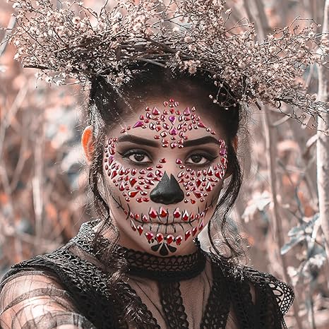 Glitter Temporary Red Rhinestone Face Tattoo - Day of the Dead Sugar Skull Gems Jewels Decals - Ghost Gems Tattoo Stickers for Girl Boy Festival Halloween Rave Carnival Party Cosplay - sugar skull vinyl sticker