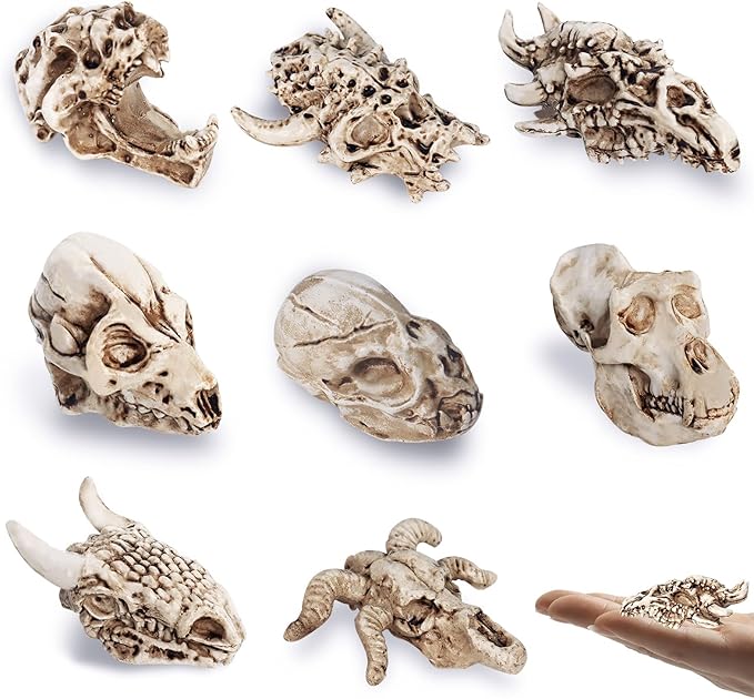 Bbiamsleep 8 Pcs 2.3 Inch Animal Skulls Figurine Resin Mini Skulls Dinosaur Alien Animal Skulls Decor Ornament Mini Skull Heads for DIY Projects Halloween Christmas Decoration - sugar skull figurine collectible