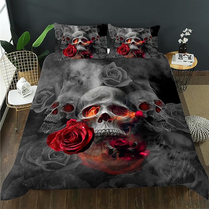 AILONEN Sugar Skull Duvet Cover Set King Size, Red Rose Skull Comforter Cover Set,Halloween Bedding Set,3PCS Smoke Fog Luxurious Horror Nature Grey Black Breathable Quilt Cover and 2 Pillowcases - sugar skull bedding set