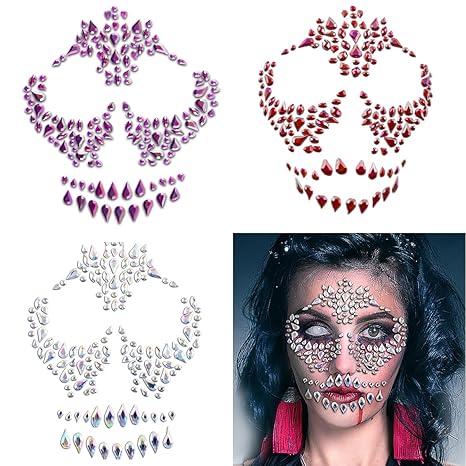 3Pack Sugar Skull Face Rhinestone Stickers for Makeup Halloween Self-Adhesive Temporary Stickers Day of the Dead Face Temporary Tattoo Skeleton Face Gems for Halloween Party Festival Accessory - sugar skull temporary tattoo