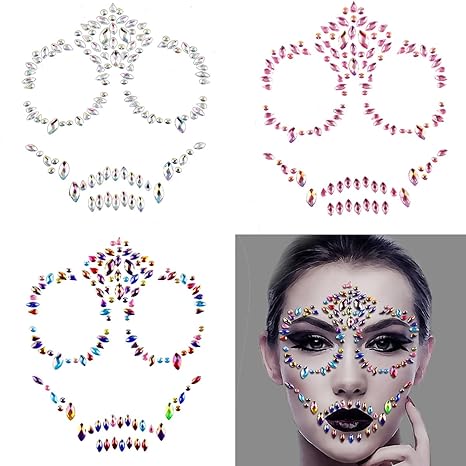 3Pack Sugar Skull Face Gems Jewels Day of the Dead Face Temporary Tattoo Glitter Rhinestone Stickers for Makeup Skeleton Face Gems for Halloween Party Festival Accessory and Nail Art Decorations - sugar skull nail art