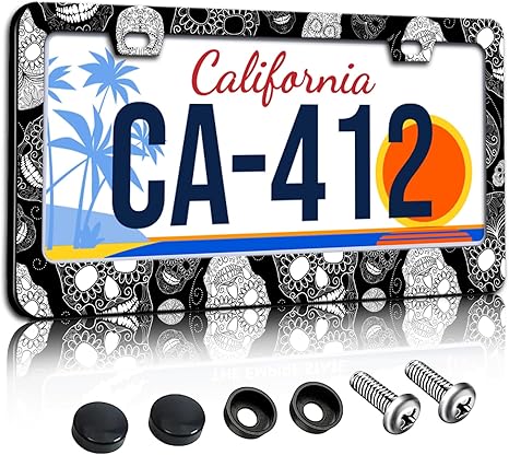 Sugar Skull License Plate Frames Black and White License Plate Holder for Car Decor Parts Personalized Stainless Steel License Plate Cover for Standard License Plate Holder 12x6 Inch - sugar skull car floor mats