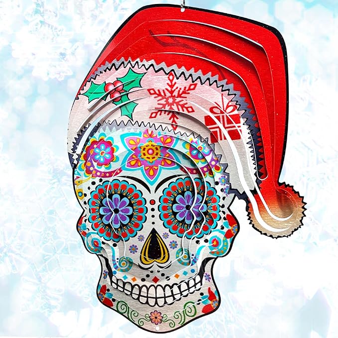 FONMY Santa Sugar Skull Wind Spinner Kinetic 3D Metal Garden Wind Sculpture Unique Gifts Christmas Decorations Quality Hanging Ornament for Home and Garden Indoor/Outdoor 12inch Mandala Wind Spinners - sugar skull christmas decorations
