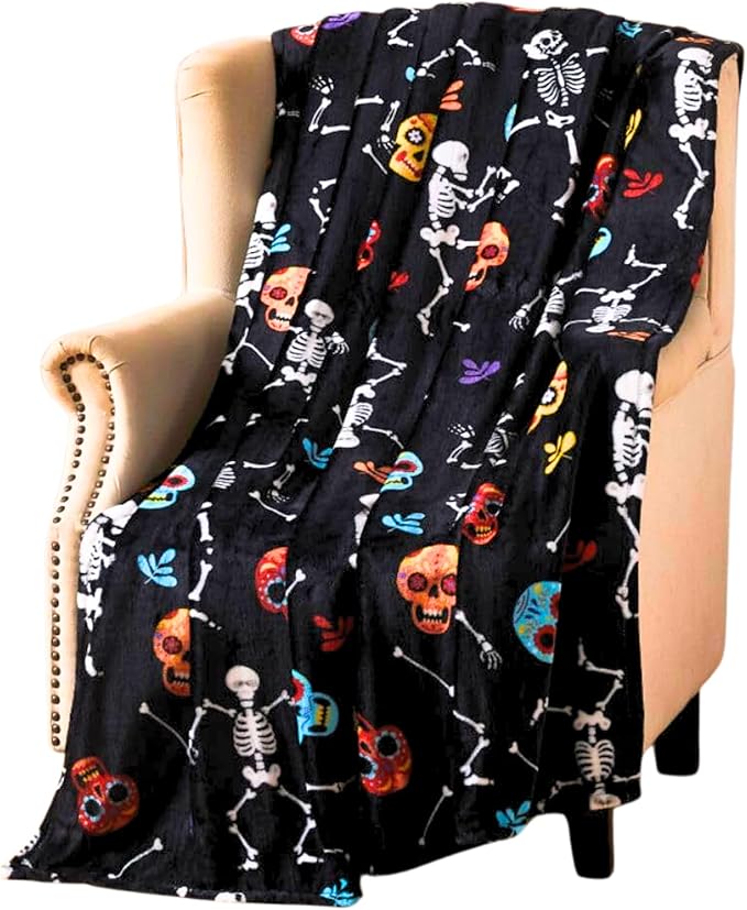 Haunted Halloween Fleece Throw Blanket: Halloween Rock N' Roll Dancing Skeleton Sugar Skulls Print on Soft Velvet Fleece Throw Blanket 70" x 50" - sugar skull throw blanket