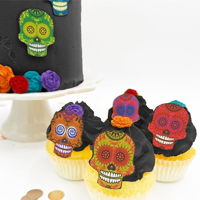 Sugar Skulls - Set of 24 - Edible Halloween Cake Toppers - sugar skull christmas ornament