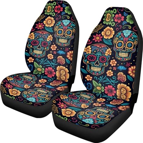 Colorful Sugar Skeleton Car Seat Covers for Front Seats Halloween Skull Gothic Nonslip Scratchproof Front Seat Cover Fits for Cars, Trucks, SUVs, for Women - sugar skull car pet seat cover