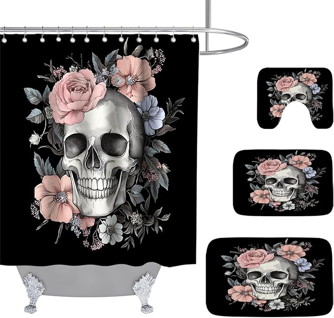 Halloween Gothic Floral Horror Sugar Skulls Decorative Shower Curtain Red Roses Black Sets 72" x 72" with Bathroom Rug Memory Foam 20" x 31" Bath Rug 16" x 24" Mat Non Slip U-Shaped and Hooks - sugar skull beach towel