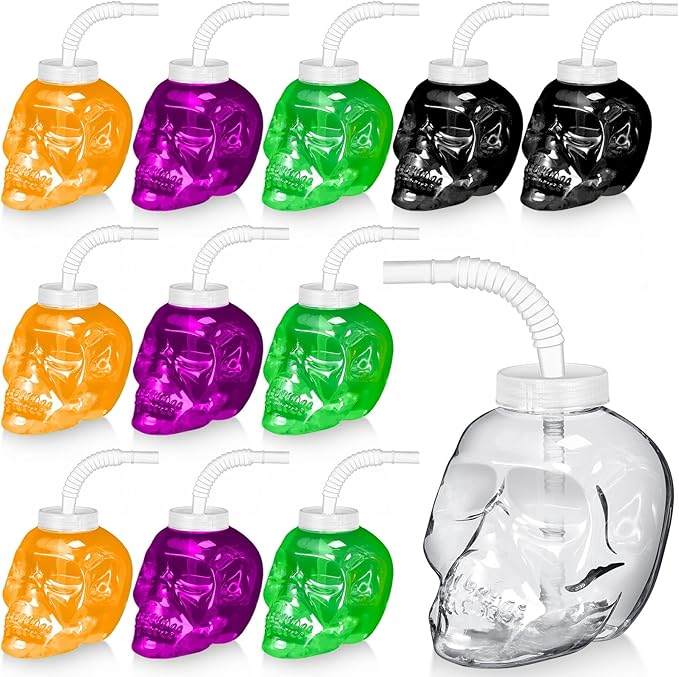 Umigy 12 Pack Skull Shaped Cups with Straw and Lids - 17 oz Reusable Plastic Cups for Halloween Party Supplies, Birthday Events and Parties(Clear) - sugar skull coffee cup