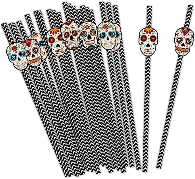 24PCS Day of the Dead Paper Straw for Mexican Dia De Los Muertos Party Supplies, Sugar Skull Pattern Straws Beverage Drinking Straws Disposable Black White Stripe Straws for Halloween Party Favor - sugar skull coffee cup