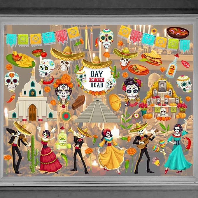 9PCS Dia de Los Muertos Window Clings Decals for Glass Windows Removable, Double-Side Sugar Skull Day of The Dead Window Sticker for Mexican Supplies Party Decoration Accessories - sugar skull vinyl sticker
