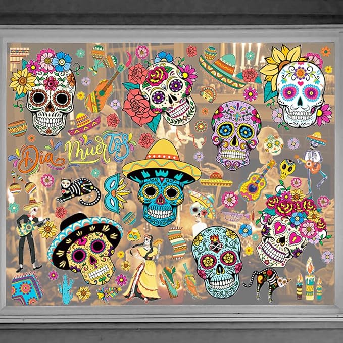9PCS Day of The Dead Window Clings Decals for Glass Windows Removable, Double-Side Sugar Skull Dia de Los Muertos Window Sticker for Mexican Supplies Party Decoration Accessories - sugar skull wine glass