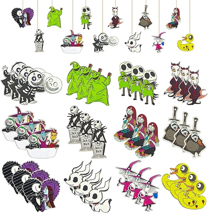 37 PCs Halloween Christmas Nightmare Ornaments Halloween Christmas Nightmare Wooden Hanging Ornament Decoration,Halloween Witch Pumpkin Nightmare Theme Party Decor Halloween Party Supplies - sugar skull christmas decorations