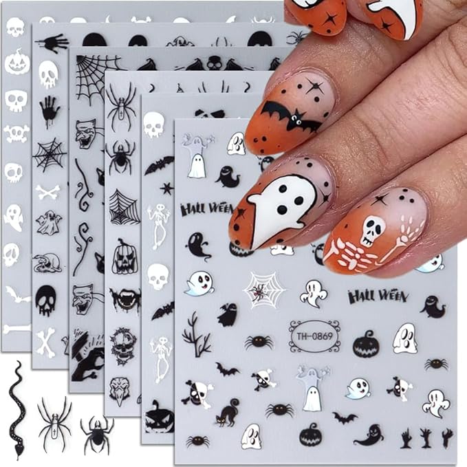 Halloween Nail Stickers, 6 Sheets Black Ghost Nail Decals 3D Self-Adhesive Small Horror Pumpkin Witches Bat Ghost Spider Halloween Pattern Black White Holiday Nail Art Design for Women Kids - sugar skull nail art