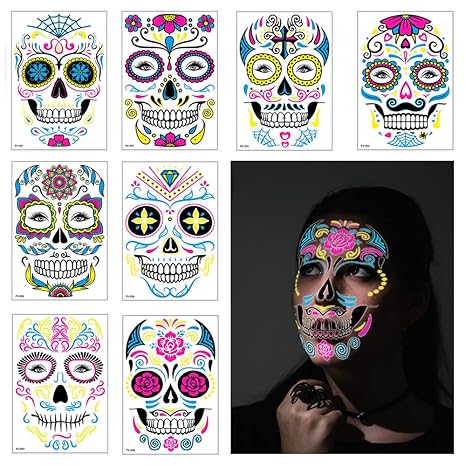 Hying 8 PCS Day of The Dead Temporary Tattoos Halloween Skull Face Tattoos Sugar Floral Skeleton Temporary Face Stickers Day of The Dead Makeup Tattoos for Mexican Halloween Party Favor Supplies - sugar skull temporary tattoo