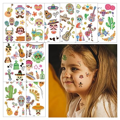 Hying 10 PCS Day of The Dead Temporary Tattoos Halloween Skull Face Tattoos Sugar Cactus Skeleton Temporary Face Stickers Day of The Dead Makeup Tattoos for Mexican Halloween Party Favor Supplies - sugar skull candle holder