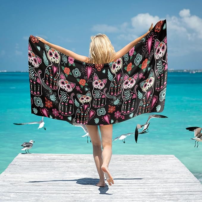 OTVEE Cute Cat Sugar Skulls Beach Towel, 31x71in Beach Towels for Travel Swim Pool Yoga Gym Camping, Quick Dry Towel for Swimmers Sand Proof Beach Towels for Women Men - sugar skull beach towel