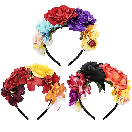 TOPZEA 3 Pcs Mexican Rose Flower Crown Headband, Dia De Los Muertos Headpieces Cinco De Mayo Floral Headbands, Halloween Party Costume Bridal Cosplay Hair Accessories for Women - sugar skull flower crown