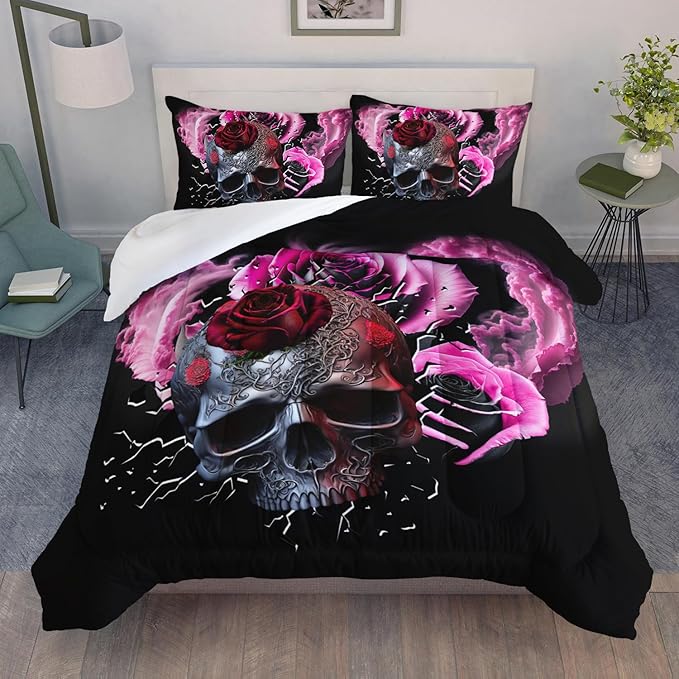 AILONEN Sugar Skull Comforter Set Full Size, 3D Skull Bedding Set for Boys Girls,Fog Skeleton Pink Roses Bed in a Bag 3PCS,1 Comforter with 2 Pillowcases,Soft and Lightweight - sugar skull throw pillow