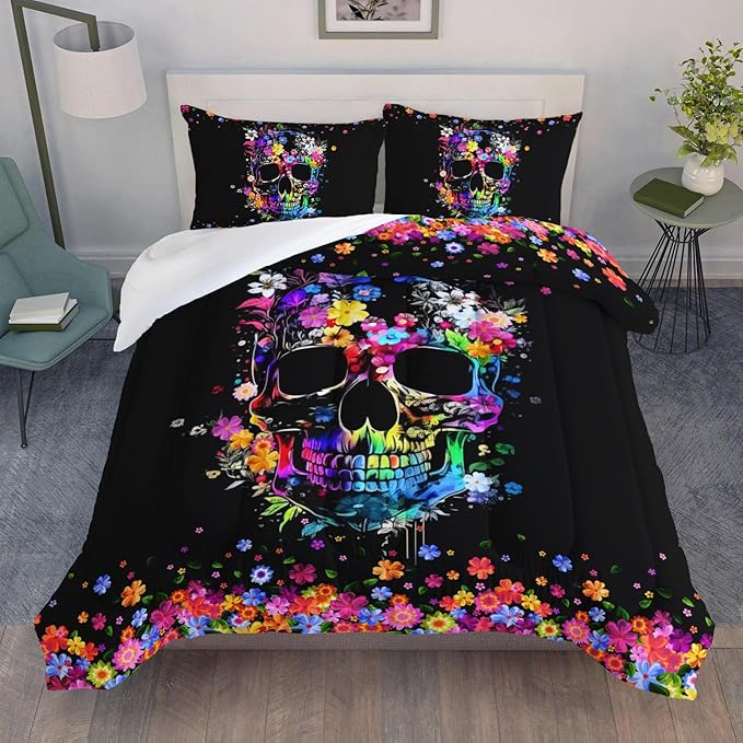 AILONEN Sugar Skull Comforter Set Queen Size, 3D Print Skull & Skeleton Roses Floral Print Bed in a Bag 3PCS, 1 Comforter & 2 Pillowcases - sugar skull bedding set