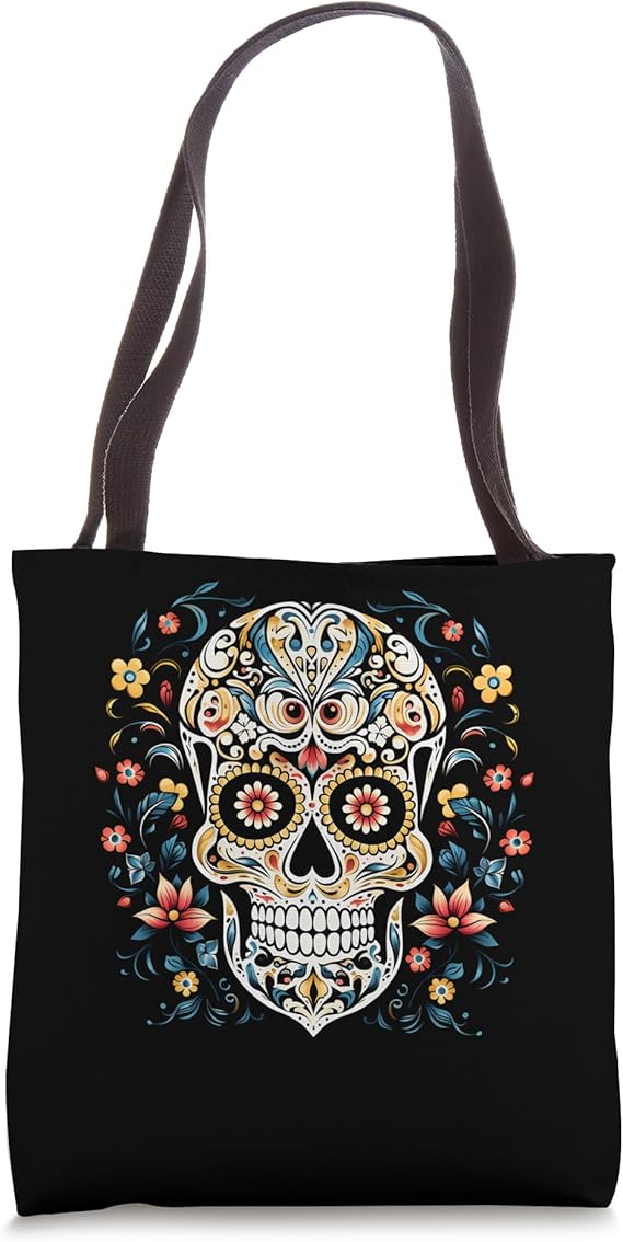 Floral White Sugar Skull Flowers Halloween Day Of The Dead Tote Bag - sugar skull handbags for sale
