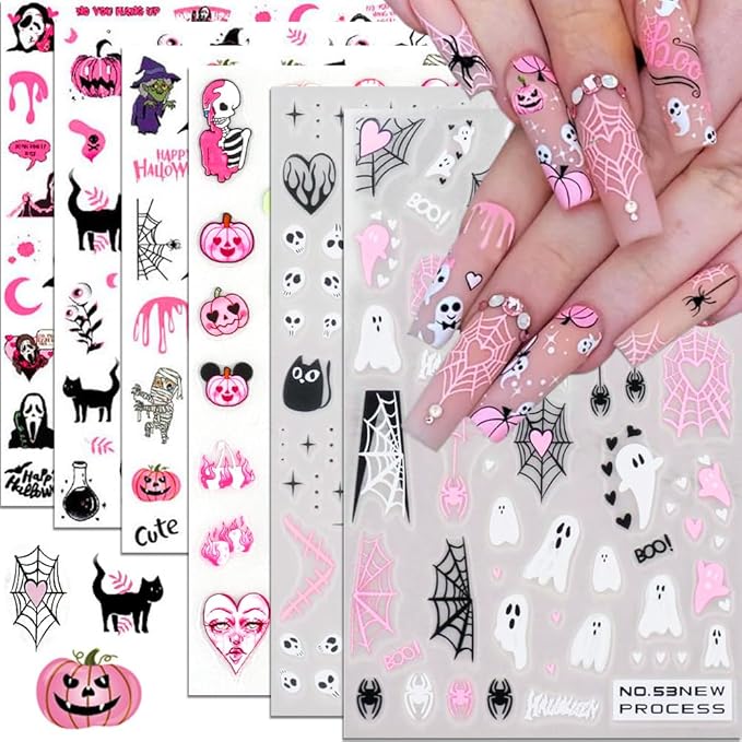 Halloween Nail Stickers, Halloween Nail Art Decals 3D Self-Adhesive Pink Ghost Skull Spider Pumpkin Nail Design DIY Holiday Nail Decoration for Party (6 Sheets) - sugar skull nail art