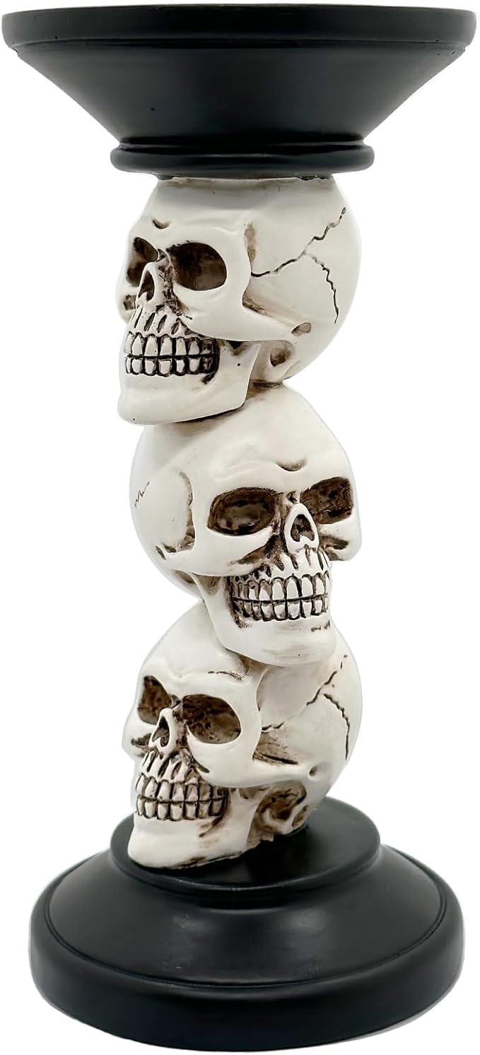 Halloween Skull Candle Holder - Vintage Pillar Candle Holder with Resin Skull Skeleton Design - Indoor Decor - sugar skull candle holder