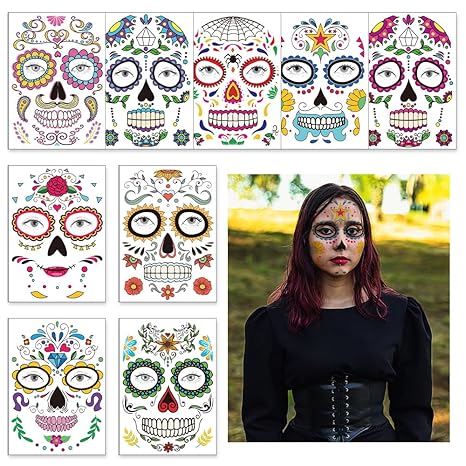 9 Sheets Day of the Dead Face Temporary Tattoos Dia de los Muertos Temporary Tattoo Sticker La Catrina Skull Fake Tattoo for Women Girls Mexican Fiesta Día de los Muertos Party Makeup Costume Supplies - sugar skull temporary tattoo
