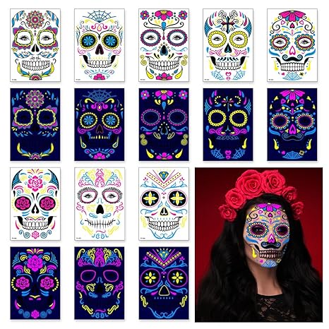 8 Sheets Day of the Dead Face Temporary Tattoos Dia de los Muertos Temporary Stickers Luminous Fluorescent La Catrina Skull Fake Tattoo for Women Girls Día de los Muertos Party Makeup Costume Supplies - sugar skull makeup kit