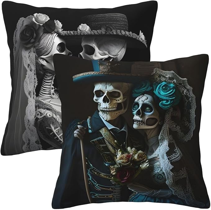 Set of 2 Mexican Dia De Los Muertos Sugar Skull Throw Pillow Cover Decorative Pillow Covers Throw Pillow Case Cushion Case for Room Bedroom Sofa Chair Car Home Decor Gifts 18x18 Inches - sugar skull throw pillow