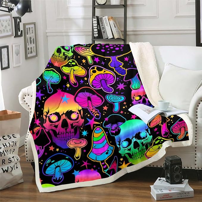 Erosebridal Sugar Skull Blanket Gothic Throw Blanket 40"x50",Rainbow Mushroom Fleece Blanket Exotic Bone Blanket,Colorful Stars Skeleton Halloween Decor Rustic Plant Room Decor Aesthetic - sugar skull throw blanket