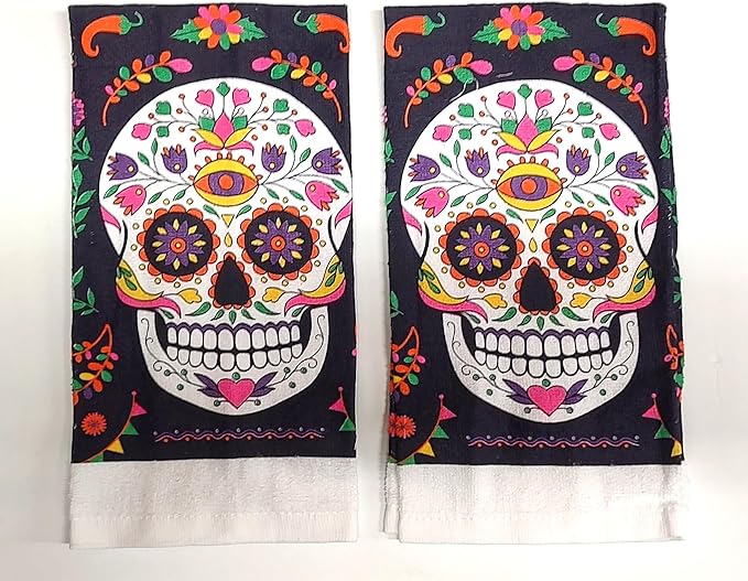 Day of The Dead Sugar Skull Set of 2 Decorative Towels for Bathroom & Kitchen (Black) - sugar skull christmas decorations