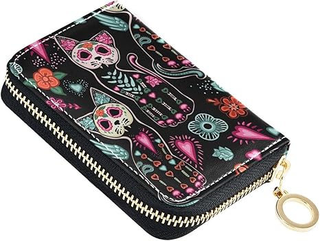 RFID Credit Card Holder Gothic Cat Sugar Skull Leather With Zipper Card Case Wallet for Women Girls - sugar skull wallets for women
