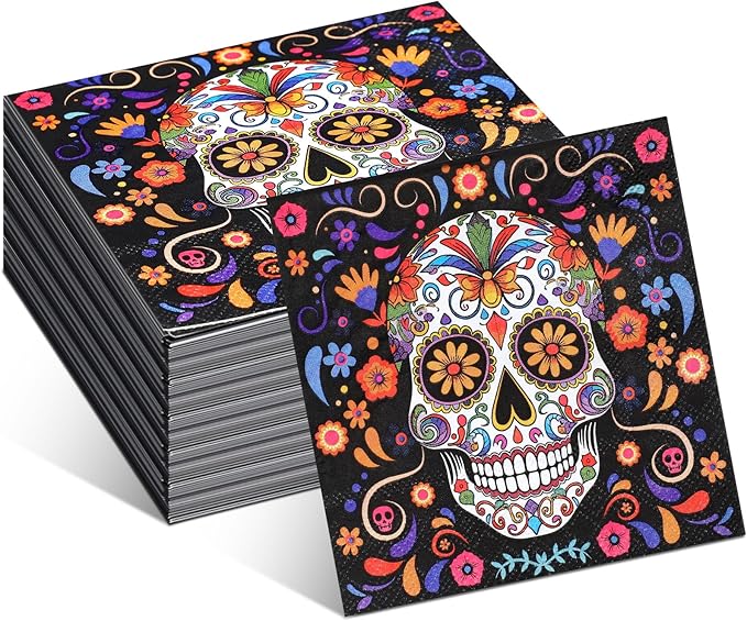 Honoson Cocktail Guest Napkins Paper Disposable Beverage Dinner Napkins Hand Towel for Holiday Birthday Party Supplies Favors Table Decoration(100 Pcs,Floral Skull) - sugar skull beach towel