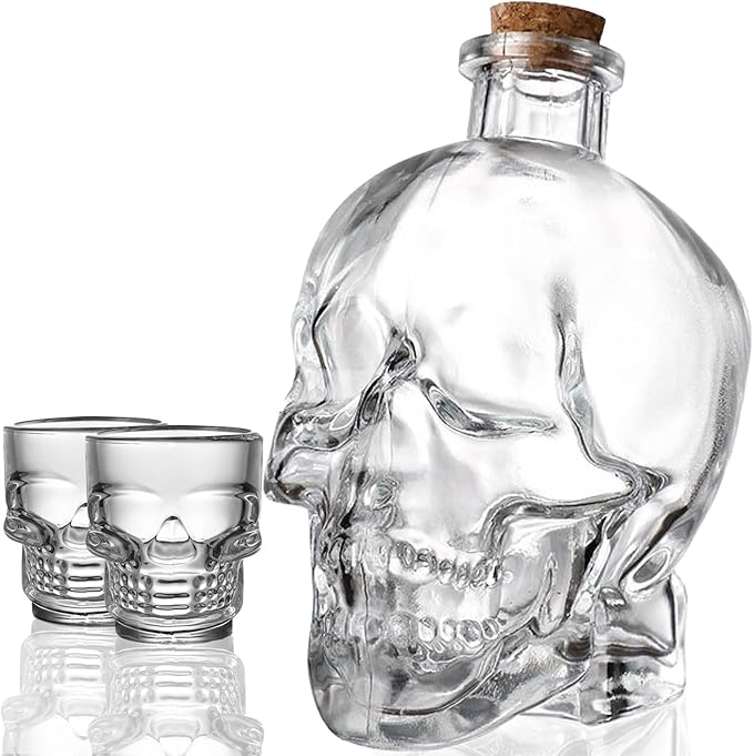 Skull Decanter Set 25oz/750ml Crystal Glass Skull Liquor Bottle with 2 Small 50ml Skull Cups Funny Halloween Decor Whiskey Decanter for Liquor Vodka Wine Bourbon or More - sugar skull wine glass