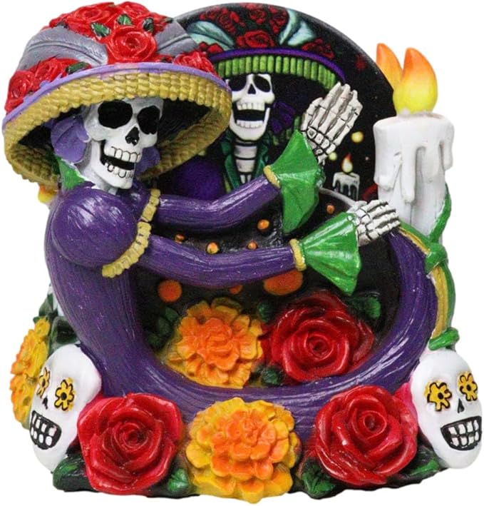 Ebros Gothic Sugar Skull Day of The Dead Roses and Flowers Calavera Dancing Lady Catrina Coaster Figurine Holder with 4 Colorful DOD Coasters Macabre Skeleton Accent - sugar skull coasters set