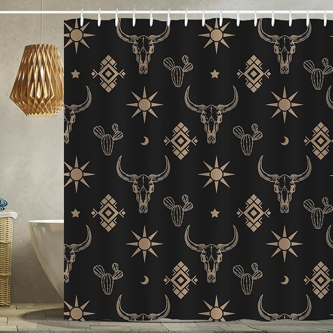 Western Aztec Shower Curtain for Bathroom Boho Cactus Bull Skull Cow Longhorn Skullhead 72x72 Inch Black Shower Curtains Western with Hooks Waterproof Polyester Curtain (Black Gold Bull Skull) - sugar skull shower curtain set