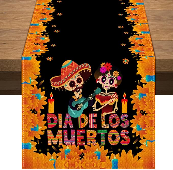 Mexican Day of The Dead Table Runner Mexico Dia De Los Muertos Sugar Skull Table Cover Dining Room Kitchen Home Indoor Outdoor Holiday Party Table Decoration (13" x 90") - sugar skull throw blanket