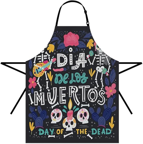Moslion Skull Apron Dia De Los Muertos Mexico Halloween Music Guitar Cactus Flower Painting Aprons for Adults Art Bib Aprons Cooking Chef Grill Baking BBQ Apron 27x31 Inch - sugar skull apron for women