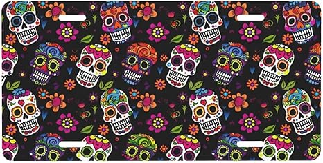 License Plates for Front of Car Sugar Skulls Flowers License Plate, Aluminum for Car Decoration Accessory Vanity Tag, for Men Women 6 X 12 Inch - sugar skull plates set