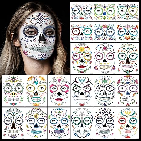 EMOME 21PCS Day of the Dead Face Tattoos Stickers for Women Men, Halloween Face Tattoos for Adults Kids, Skeleton Face Tattoo Sugar Skull Costume for Party Favor Decorations Supplies - sugar skull flower crown