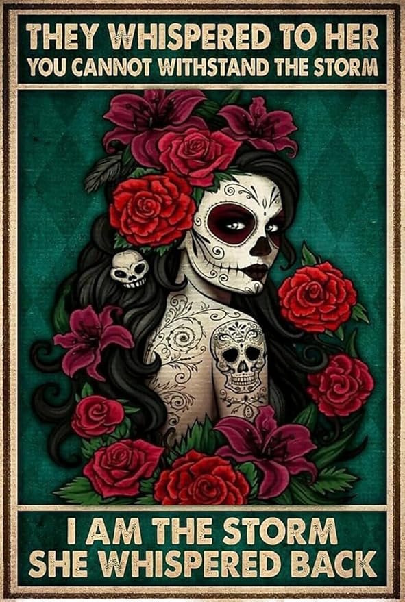 Metal Tin Retro Sign-and She Lived Happily Ever After Metal Poster, Wicked Witch Halloween Art, Sugar Skull Metal Poster, Day of The Dead,Vintage Aluminum Sign for Home Coffee Wall Decor 8x6 Inch - sugar skull poster print